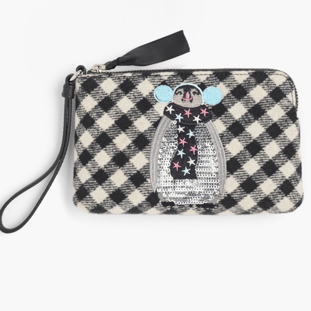 NWT Talbots FESTIVE PENGUIN WRISTLET Black & White Buffalo Plaid with Sequins